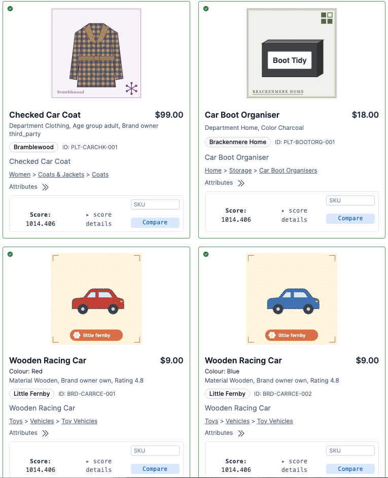Four search results for &ldquo;car&rdquo; in a demo search UI: a checked car coat, a car boot organiser, and a wooden racing car in red and in blue. Every picture is a generated drawing.